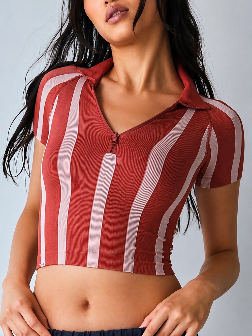 Striped Red Polo Crop Top with Collar